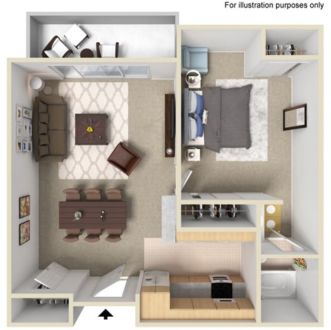 A 3D illustration of a small apartment layout with a living room, kitchen, and bedroom.
